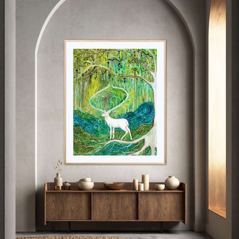 Sacred Stag Healing Forest Art Print Oil Painting whimsical fantasy fairycore - Picture 3 of 7